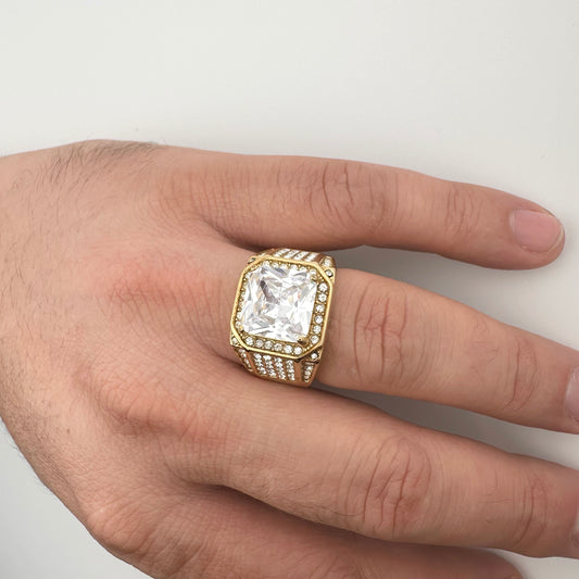Anillo Hip Hop Cuadrado con Zirconias | Acero Inoxidable Chapado PVD en Oro 18K