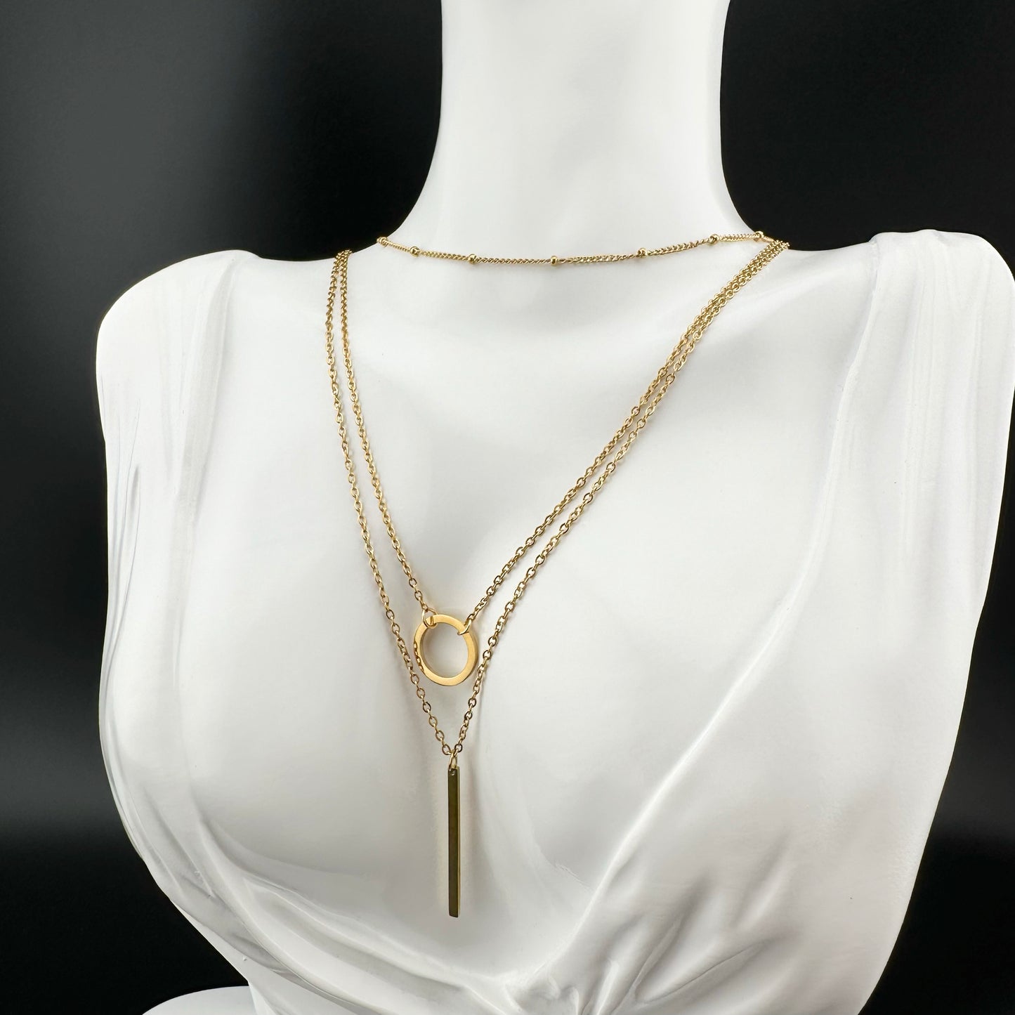 Collar 3 Capas con Argolla y Barra – Mujer | Acero Inoxidable | Chapado Oro 18K | Ajustable
