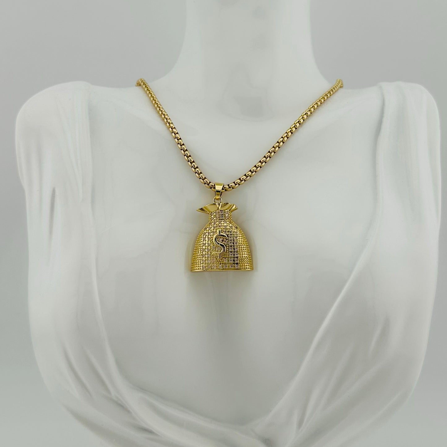 Collar Hip-Hop Unisex con Dije Bolsa de Dinero con Zirconias| Acero Inoxidable | Chapado Oro 14K