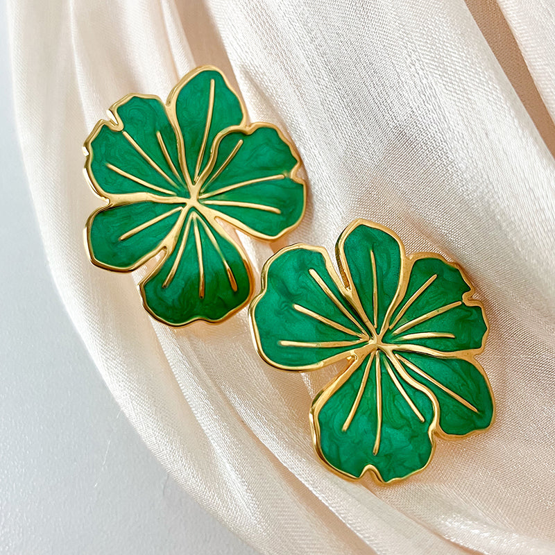 Pendientes Flor Verde | Acero Inoxidable Chapado en oro 14K
