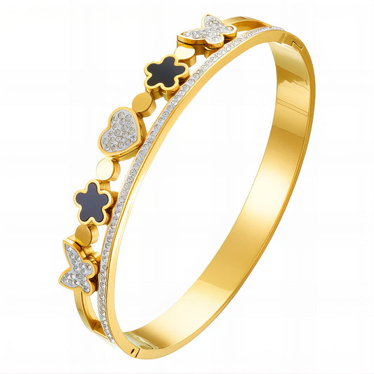 Brazalete Diseño Corazones y Flores con Zirconias | Acero Inoxidable Chapado PVD en Oro 18K