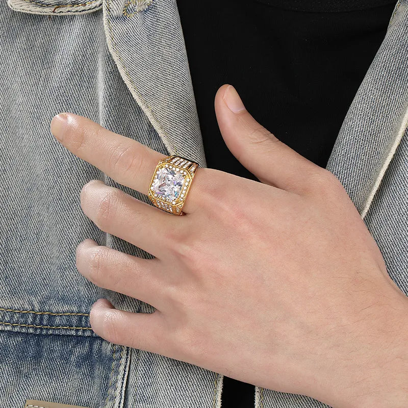 Anillo Hip-Hop Cuadrado para Hombre con Zirconias | Acero Inoxidable | Chapado Oro 18K