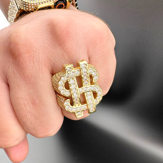 Anillo Hip Hop Símbolo de Dinero con Zirconias – Hombre | Chapado en Oro 18K