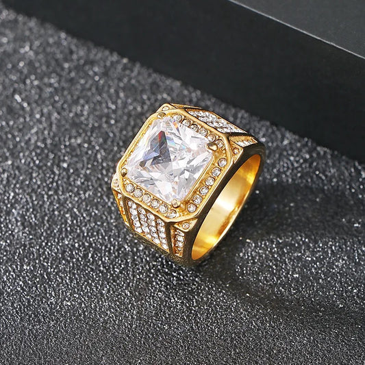 Anillo Hip-Hop Cuadrado para Hombre con Zirconias | Acero Inoxidable | Chapado Oro 18K