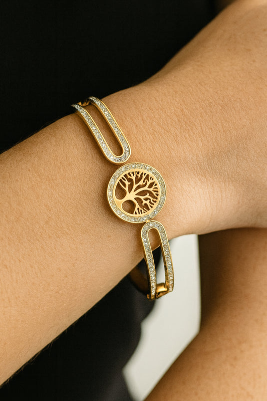 Brazalete Árbol de la Vida con Zirconias – Unisex | Acero Inoxidable | Chapado Oro 14K