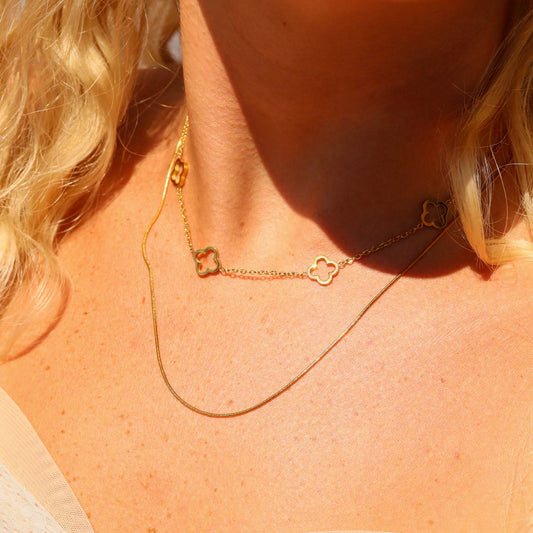 Collar Doble con Trébol Dorado – Mujer | Acero Inoxidable | Chapado Oro 18K | Ajustable