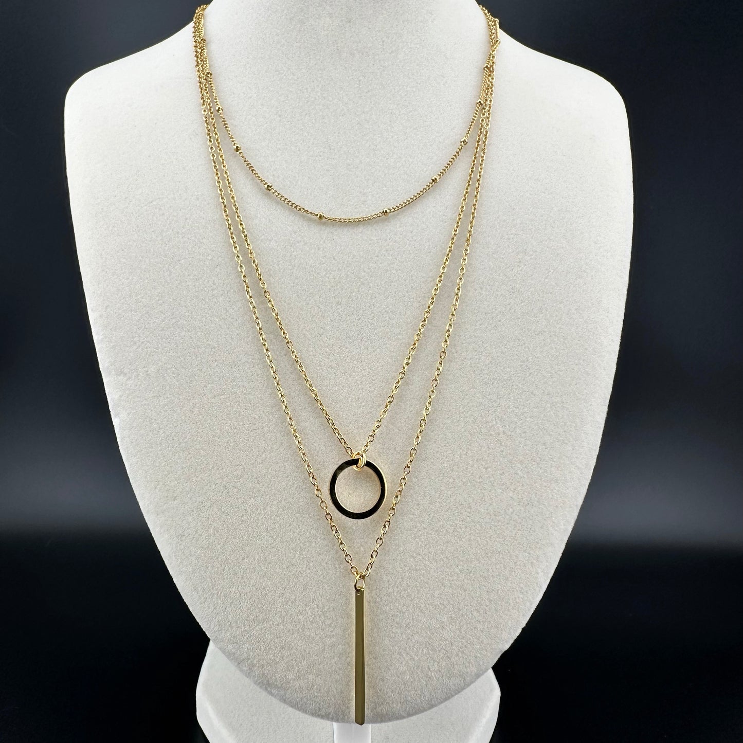 Collar 3 Capas con Argolla y Barra – Mujer | Acero Inoxidable | Chapado Oro 18K | Ajustable