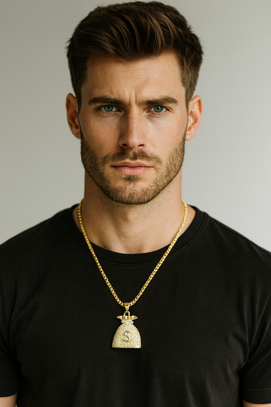 Collar Hip-Hop Unisex con Dije Bolsa de Dinero con Zirconias| Acero Inoxidable | Chapado Oro 14K