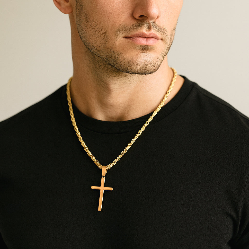 Collar Clásico con Dije de Cruz Unisex | Acero Inoxidable | Chapado Oro 18K