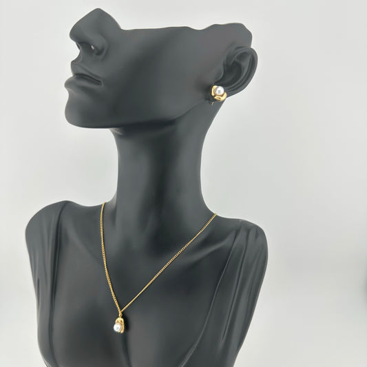 Conjunto Collar y Pendientes con Perla Blanca – Mujer | Acero Inoxidable | Chapado Oro 18K | Ajustable