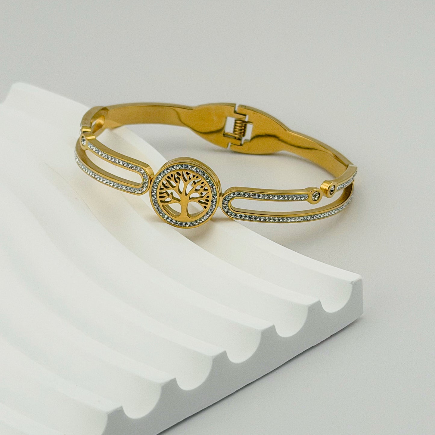 Brazalete Árbol de la Vida con Zirconias | Acero Inoxidable Chapado PVD Oro 14K
