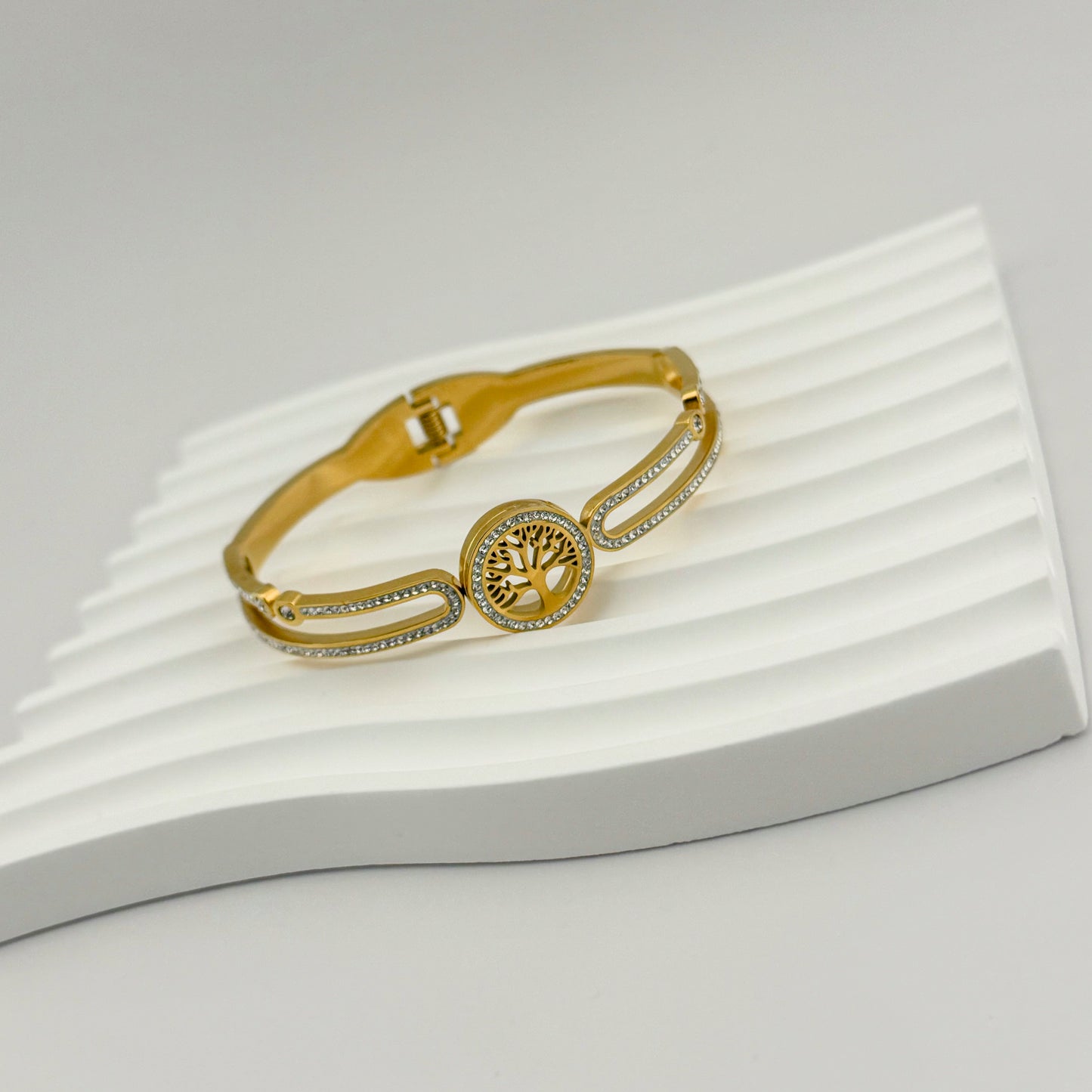 Brazalete Árbol de la Vida con Zirconias | Acero Inoxidable Chapado PVD Oro 14K