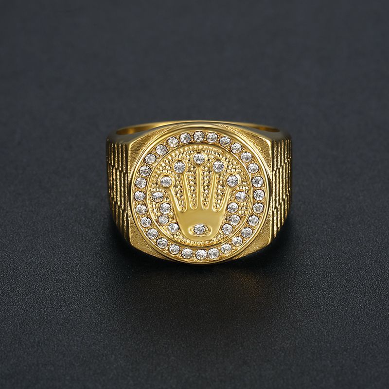 Anillo Hip Hop Corona Chapado Oro 18K con Zirconias – Hombre | Acero Inoxidable
