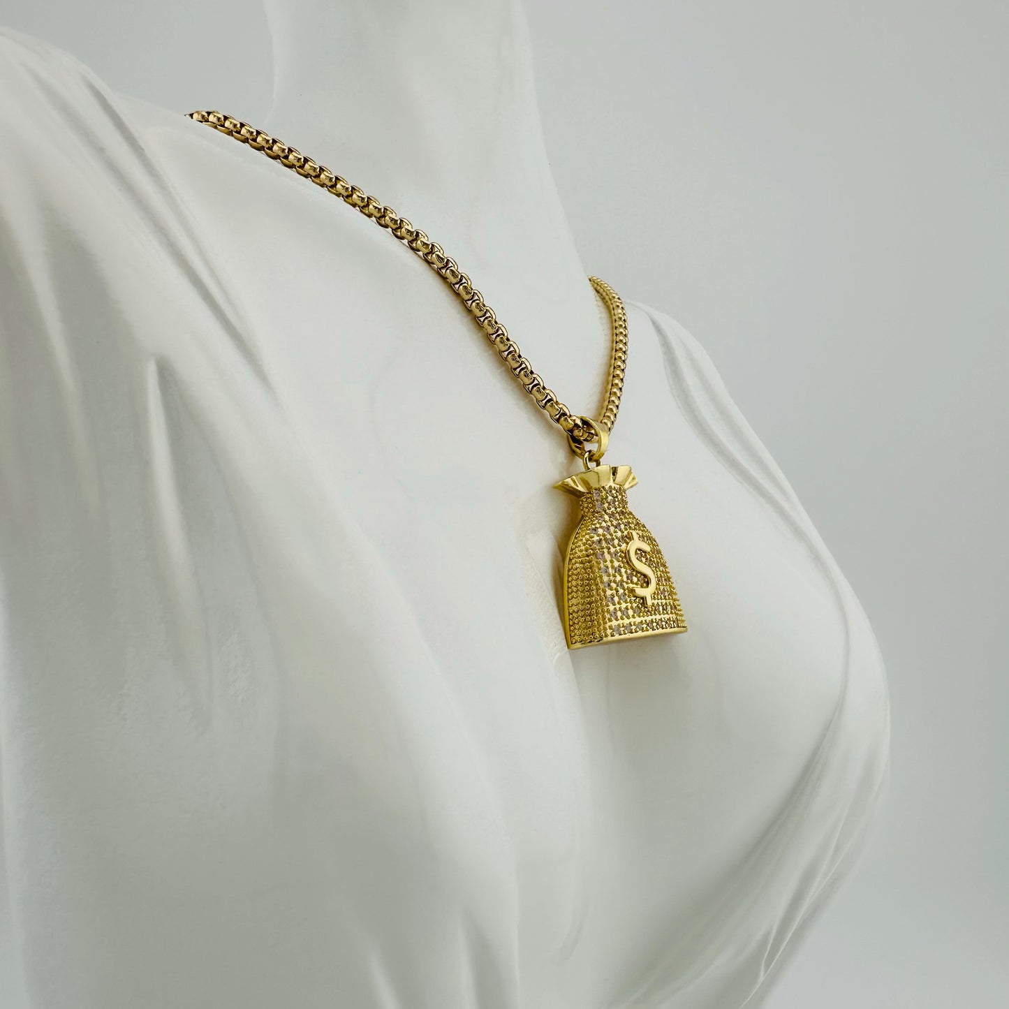 Collar Hip-Hop Unisex con Dije Bolsa de Dinero con Zirconias| Acero Inoxidable | Chapado Oro 14K