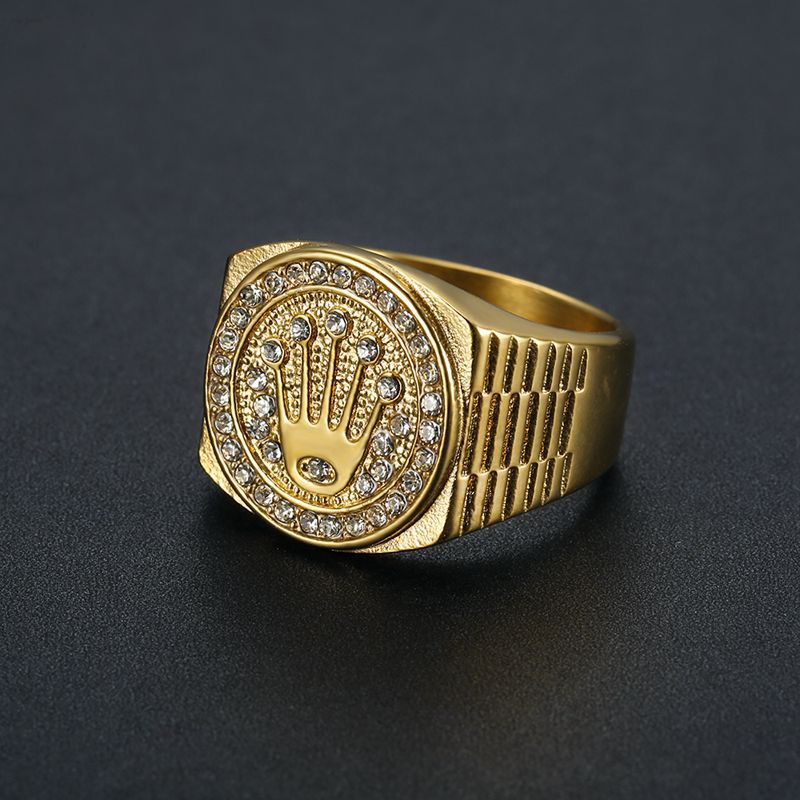 Anillo Hip Hop Corona Chapado Oro 18K con Zirconias – Hombre | Acero Inoxidable