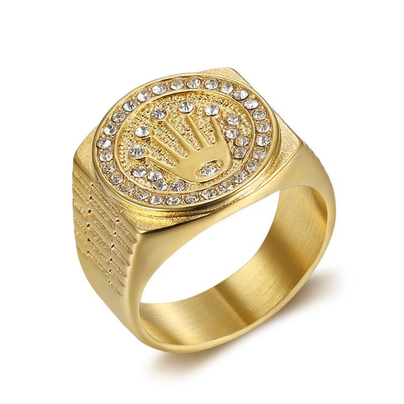 Anillo Hip Hop Corona Chapado Oro 18K con Zirconias – Hombre | Acero Inoxidable