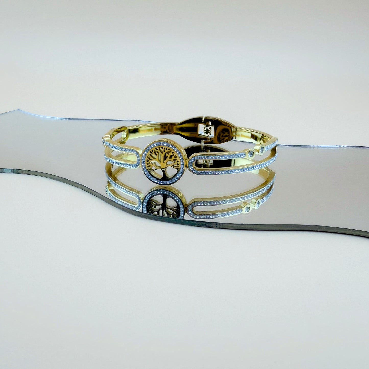 Brazalete Árbol de la Vida con Zirconias | Acero Inoxidable Chapado PVD Oro 14K