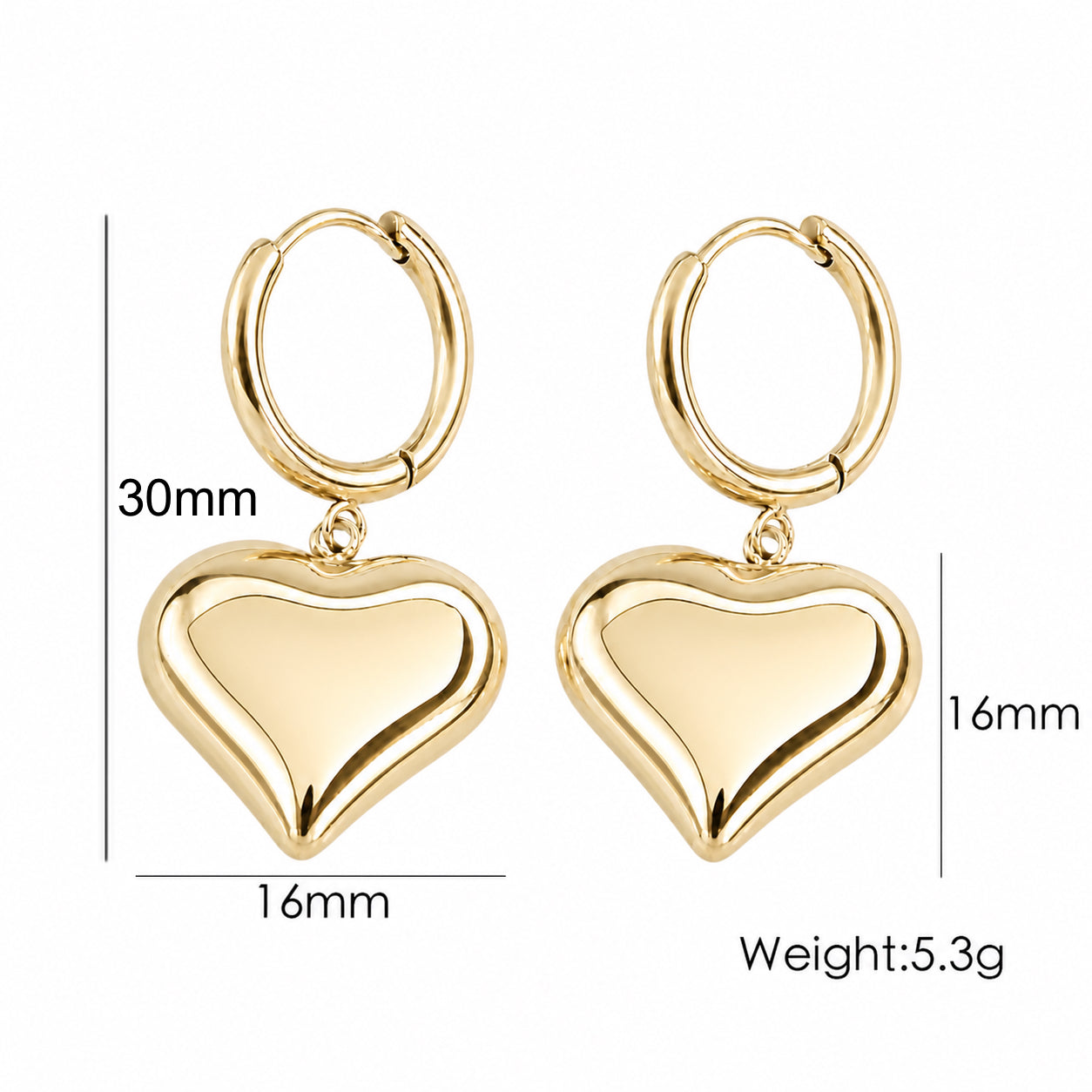 Pendientes Huggies Colgantes Corazón | Acero Inoxidable Chapado PVD en Oro 14K