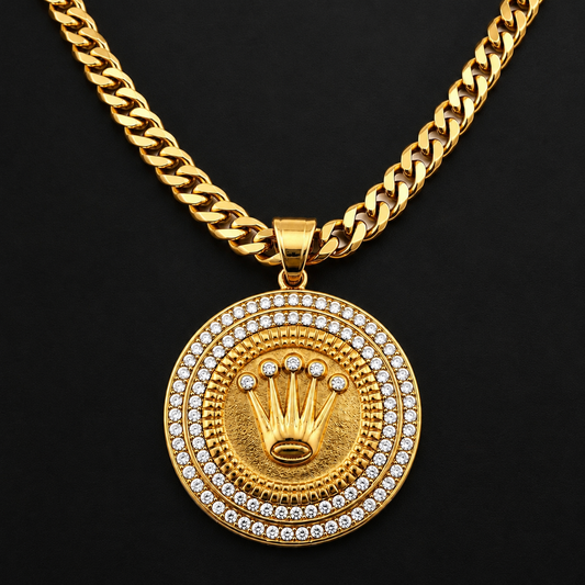 Cadena Cubana con Dije de Corona y Zirconias | Acero Inoxidable Chapado PVD en Oro 18K