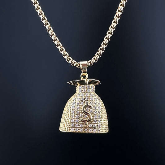 Collar Hip-Hop Unisex con Dije Bolsa de Dinero con Zirconias| Acero Inoxidable | Chapado Oro 14K