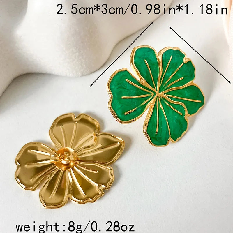Pendientes Flor Verde | Acero Inoxidable Chapado en oro 14K