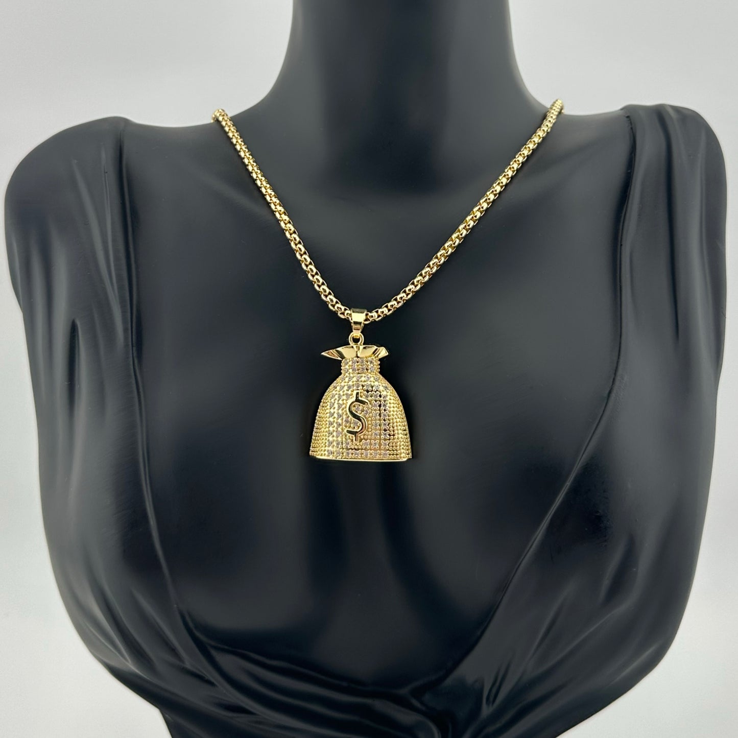 Collar Hip-Hop Unisex con Dije Bolsa de Dinero con Zirconias| Acero Inoxidable | Chapado Oro 14K