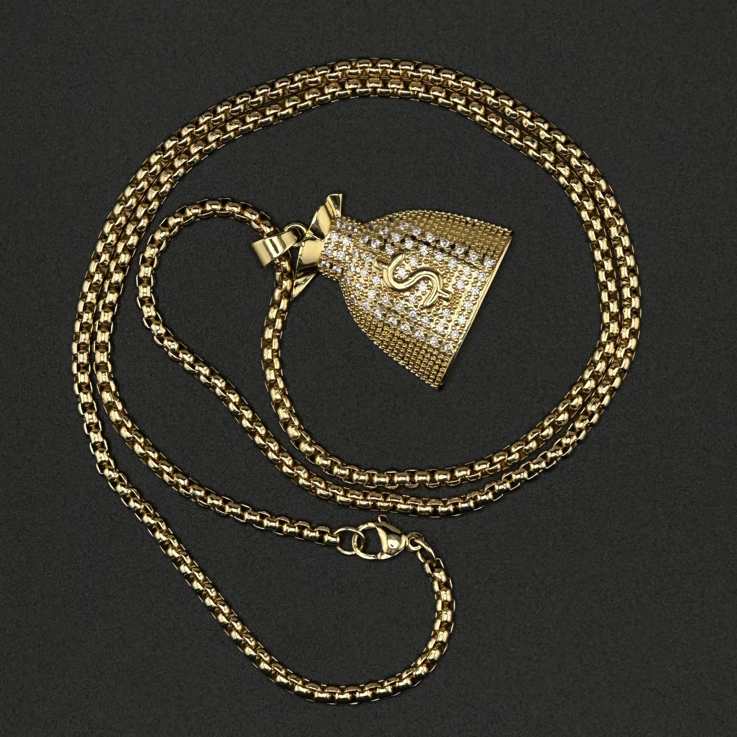 Collar Hip-Hop Unisex con Dije Bolsa de Dinero con Zirconias| Acero Inoxidable | Chapado Oro 14K