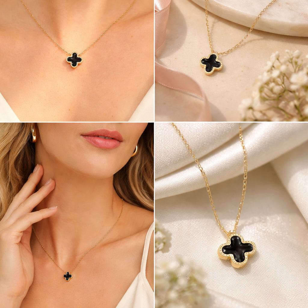 Collar Trébol de la Suerte Negro – Mujer | Acero Inoxidable Chapado PVD Oro 18K | Ajustable