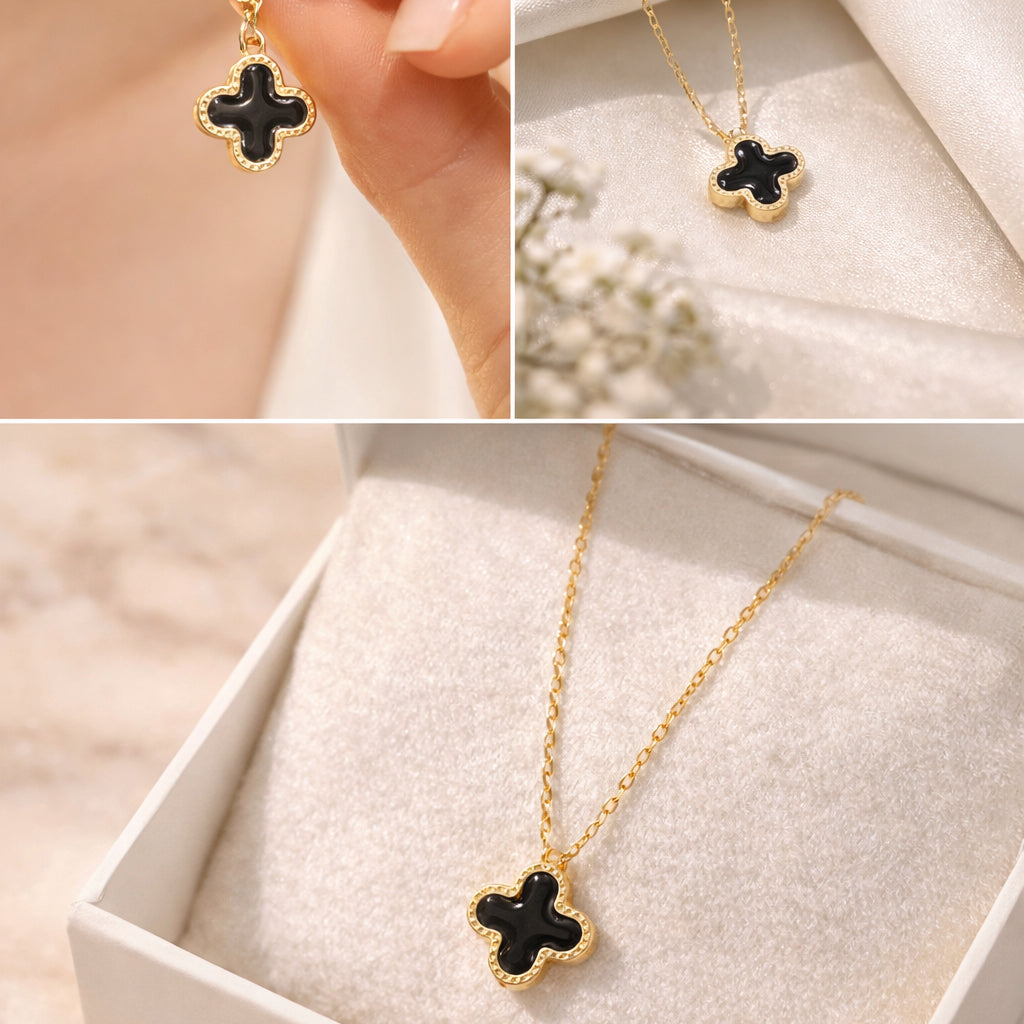 Collar Trébol de la Suerte Negro – Mujer | Acero Inoxidable Chapado PVD Oro 18K | Ajustable