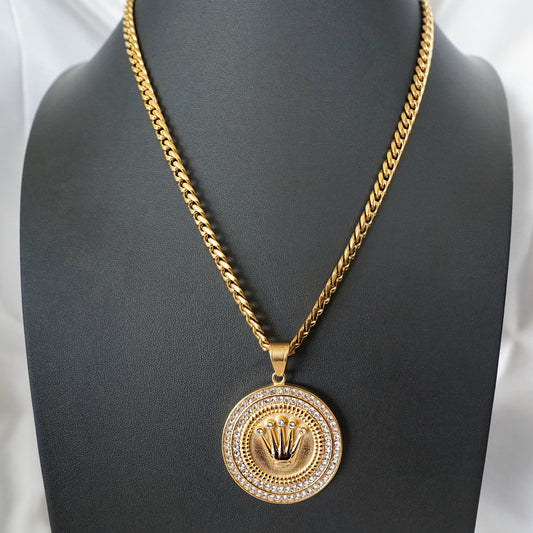 Cadena Cubana con Dije de Corona y Zirconias | Acero Inoxidable Chapado PVD en Oro 18K